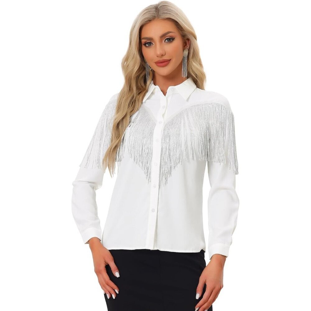 Women's White Western Fringe Blouse Long Sleeve Button Down Disco Cowgirl Shirt